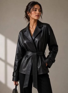 Blazer en cuir véritable pour femme, manteau en cuir ceinturé, veste streetwear oversize, veste tendance à manches longues - Product Image 2