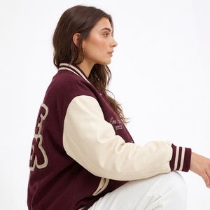 Custom Maroon <b>letterman</b> <b>Jacket</b> Women's <b>Letterman</b> <b>Jacket</b> With Cream Sleeves Embroidered Streetwear Bomber <b>Jacket</b> - Product Image 3