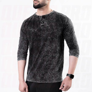 Wholesale Organic Cotton Custom Logo Acid Wash T Shirt Premium Quality Long Sleeve Casual Henley Collar Vintage Washed - Product Image 1
