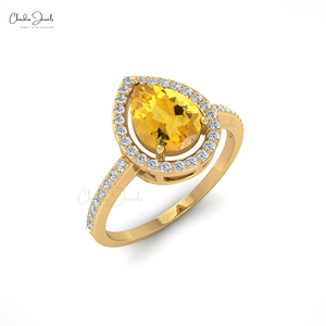 Bague Halo en Citrine Taille Poire 8x6mm en Or Jaune Fin 14 carats, Bague de Mariage ou Anniversaire pour Couple, Fournisseur de Bijoux en Gros - Product Image 5