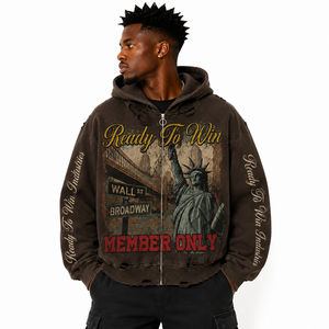 Ready To Win Industries <b>Men's</b> Oversized Hooded Zip-Up Sweatshirt Streetwear Style Brown Printed Design Member <b>Only</b> - Product Image 6