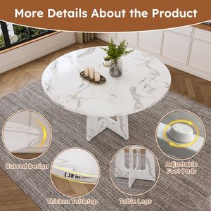 Tavolo da Pranzo Rotondo da 120 cm per 4 Persone, Stile Rustico in MDF con Finitura Bianca Effetto Marmo, Facile Montaggio, Capacità 136 kg, per Cucina/Sala da Pranzo - Product Image 6