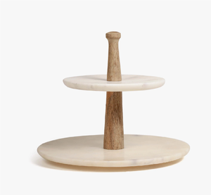 Soporte de Pastel de 2 Niveles de Madera y Mármol con Diseño Decorativo, Soporte para Cupcakes de Piedra Blanca a un Precio Accesible - Product Image 3