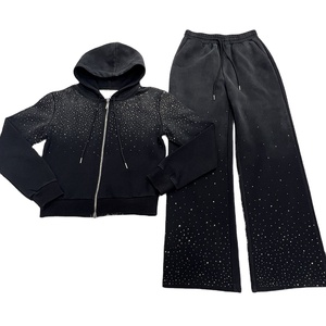 Conjunto de chándal de dos piezas con logotipo personalizado al por mayor, sudadera con bolsillo y cremallera decorada con diamantes de imitación, traje para correr, chándal ostentoso 2026 - Product Image 2