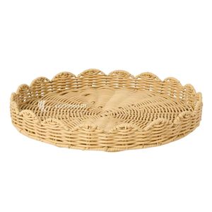Eco-Friendly Modern Scalloped Rattan Serving Tray Wicker Decorative <b>Basket</b> Natural Finish Home Restaurant Dining <b>Table</b> - Product Image 1