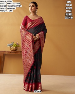 Sari en coton fantaisie bleu saphir à reflets polychromes, traditionnel, pour l'hiver, Diwali, mariage, fête, anti-humidité et infroissable - Product Image 5