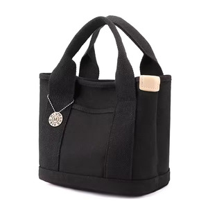 Black Canvas Tote Bag <b>Small</b> Size Daily Use Hand Carry <b>Shopping</b> Bag With Metal Logo Tag - Product Image 1