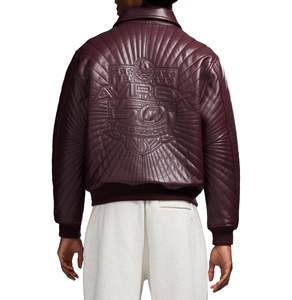 Avirex <b>Men's</b> Burgundy <b>Leather</b> Bomber <b>Jacket</b> Embossed Logo Front Zipper Turn-down Collar Moto Style Winter Wear - Product Image 2