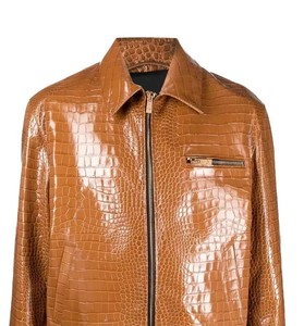 Chaqueta de Cuero con Estampado de Cocodrilo para Hombre, Color Bronceado, Cuello Camisero, Cierre de Cremallera, Estilo Casual de Otoño, Corte Regular - Product Image 6