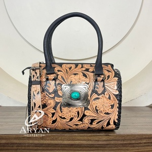 Nuevo Bolso Bandolera Speedy de Cuero Genuino de Vaca de 11 Pulgadas con Diseño Floral Repujado y Concho Turquesa, Hecho a Mano y Personalizado - Product Image 1