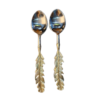 Ensemble de cuillères à dessert en acier inoxydable poli miroir avec manche en plumes dorées de luxe pour cadeaux de mariage et décoration de table royale - Product Image 1