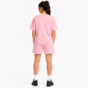 Women's Pink Oversized T-Shirt and Shorts <b>Set</b> Crew Neck Loose Fit Solid Color Knitted Cotton Casual Two-Piece Outfit - Product Image 2