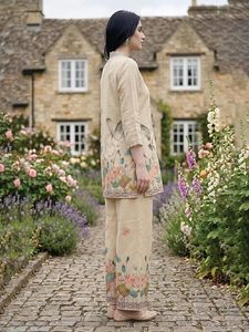 Women's Bohemian Floral Embroidered Kurta Palazzo <b>Set</b> Three Quarter Sleeve V-neck Loose Fit Cotton Spring Summer Wear - Product Image 2
