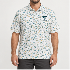 Camiseta Polo Trackstar para Hombre, Color Crema Teal Dorado, con Estampado de Máscara de Carnaval, Manga Corta, Cuello con Botones, Camiseta de Golf con Logotipo Personalizado - Product Image 1