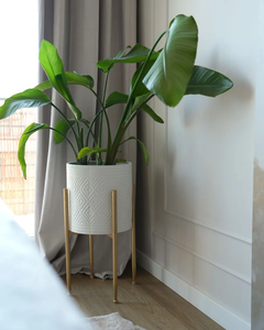 Modern White Geometric <b>Ceramic</b> Planter with Gold Metal Stand Elegant Raised Flower <b>Pot</b> for Indoor <b>Plants</b> Home Office Living Room - Product Image 2