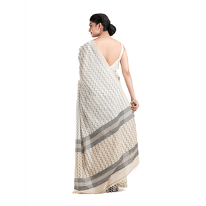 Sari en soie et coton à motif géométrique crème avec bordure grise, tissu Habotai tissé pour femmes, poids moyen, 58/60 pouces - Product Image 4