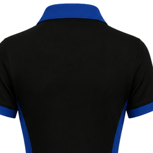 Vestido Polo Negro y Azul Rey para Mujer, Manga Corta, Cuello en Contraste, Uniforme Deportivo con Paneles Laterales y Escudo en el Pecho - Product Image 4