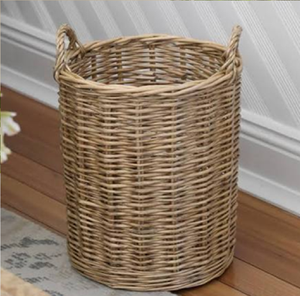 <b>Square</b> natural woven storage <b>basket</b> featuring side cut-out handles, arranged on a sofa available at wholesale prices. - Product Image 3