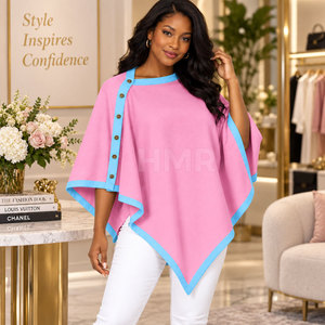HMR Sorority Sisterhood Eco-Friendly Long Wool Acrylic Pink <b>Knitted</b> Poncho With Light Blue Trim Shawl Soft Knit <b>Cape</b> Top - Product Image 3