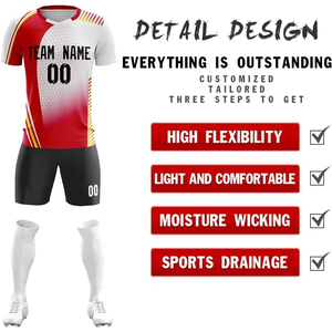 Tenue de football personnalisée à motif nid d'abeille par sublimation, kit complet dégradé rouge et blanc, maillot de football d'équipe avec short et chaussettes - Product Image 3