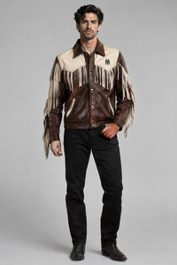 Veste en cuir véritable à franges, coupe-vent, bicolore, écologique, style western cowboy, logo personnalisé, unisexe, vente en gros, OEM, ODM - Product Image 3