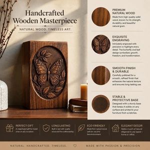 Handcrafted Butterfly Engraved American Style Natural Wood Cremation Urn <b>Box</b> Eco-Friendly Pet & Baby <b>Memorial</b> Keepsake Storage - Product Image 6