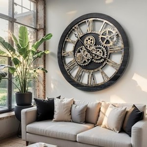 Horloge murale ronde vintage en bois d'orme industriel avec engrenages, art steampunk en cuivre et fer forgé par Aqudus Saleem 60x60x6 cm - Product Image 6
