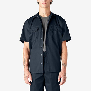 Ensemble de vêtements de travail pour homme, bleu marine, manches courtes, chemise boutonnée en coton et pantalon, couleur unie, décontracté, respirant, coupe classique, été - Product Image 3