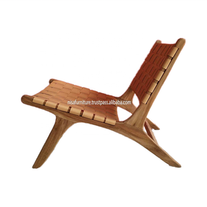 Silla de salón de madera de teca maciza de estilo moderno, silla de relajación de cuero genuino marrón tejida para Hotel, comedor, dormitorio, sala de estar - Product Image 3