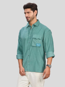 เสื้อเชิ้ตผู้ชายสีเขียวอมฟ้า ผ้าฝ้ายป๊อปลิน 100% แขนยาว ปกคอปก ระบายอากาศได้ดี เป็นมิตรกับสิ่งแวดล้อม ป้องกันรังสียูวี เหมาะสำหรับใส่ในฤดูหนาว - Product Image 2