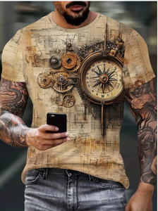 Camiseta de manga corta con cuello redondo y estampado de brújula Steampunk vintage para hombre, diseño estampado de poliéster de ajuste regular para hombre - Product Image 3