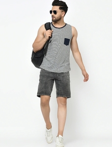 Camiseta sin mangas a rayas para hombre, cuello redondo, informal, de punto, de algodón, transpirable, con bolsillo - Product Image 6