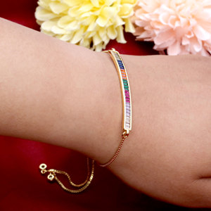 Wholesale 925 Sterling Silver Rainbow CZ Bar <b>Bracelet</b> <b>Gold</b> Plated Multi Color Baguette <b>Adjustable</b> Slider Chain Jewelry - Product Image 6