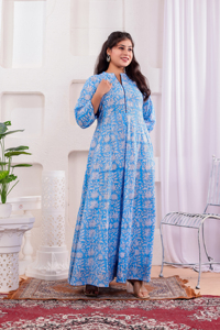 Blue Floral Printed 100% Cotton Women's A-Line Floor-Length Dress Mandarin Collar Long Sleeve Casual Eco-Friendly All Seasons - Product Image 2
