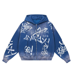 Sweat-shirt à capuche bleu en crochet pour homme 2026, style Y2K, coupe oversize, effet délavé, streetwear grunge, mode décontractée hiver - Product Image 1