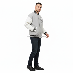 Custom Quilted Sheep Leather <b>Varsity</b> <b>Jacket</b> with Premium Cotton Fleece & Chenille Embroidery Stand Collar Covered Button <b>Jackets</b> - Product Image 2