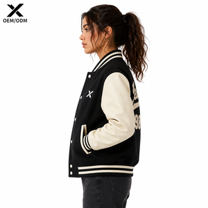 Chaqueta Varsity Clásica de Lana y Cuero para Mujer X Sports City, Mangas de Cuero Sintético, Cuello Camisero, Color Sólido, Ropa de Otoño, OEM - Product Image 3