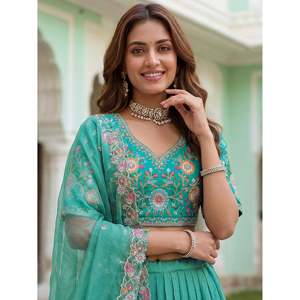 Women's Sea Green Floral <b>Embroidery</b> Organza Lehenga Choli <b>Set</b> with Dupatta - Product Image 1