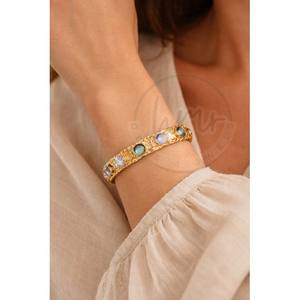 Gold Plated Textured Cuff Bangle with Labradorite & Moonstone Handmade <b>Gemstone</b> <b>Bracelet</b> Adjustable Open Bangle Jewelry - Product Image 3