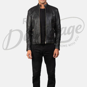 เสื้อแจ็คเก็ตหนังสีดำสำหรับผู้ชาย สไตล์ไบค์เกอร์ คลาสสิก ทรงดับเบิ้ลไรเดอร์ หนังแกะแท้ ทรงเข้ารูป สำหรับฤดูใบไม้ร่วงและฤดูหนาว พร้อมเข็มขัด - Product Image 1