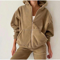 Ensemble de survêtement pour femme, 100% coton, avec poignets côtelés, deux pièces, toutes saisons, élégant, uni, coupe oversize, chaud, à capuche et boutonné