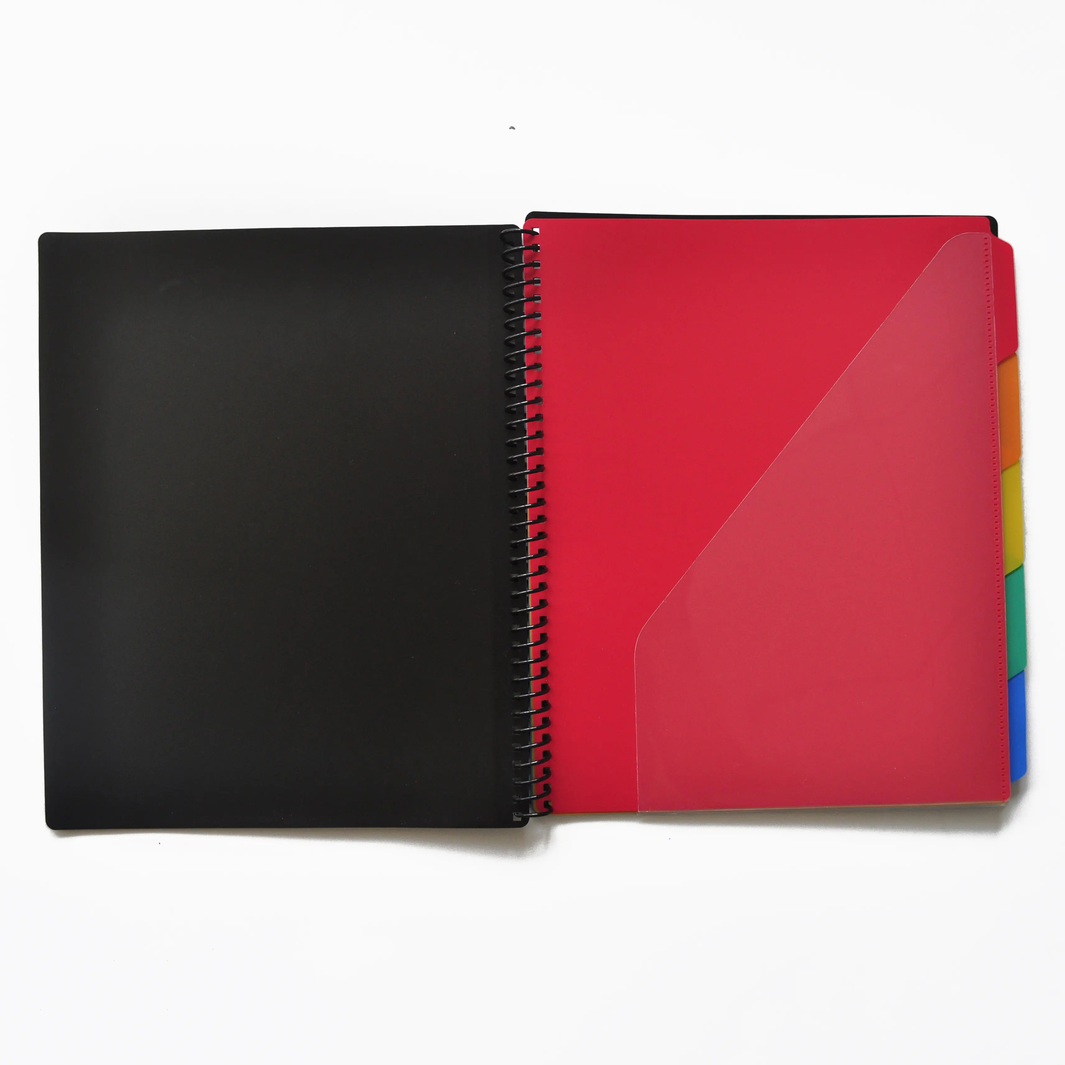 Logo kustom Poly 1/5-Cut Tab Spiral warna portofolio Organizer folder dengan transparan disesuaikan penutup depan dan kantong ritsleting