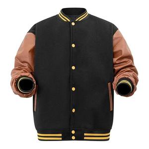 Veste varsity noire pour homme avec manches en PU marron, col rabattu, fermeture boutonnée, style décontracté, vêtement d'automne - Product Image 2