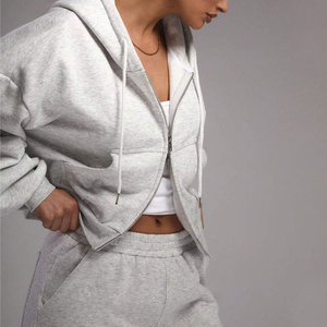 Women Full <b>Zip</b> Hooded <b>Crop</b> Sweatshirt Set Solid Casual Tracksuit With Side Pockets Loose Fit Autumn Wear - Product Image 1
