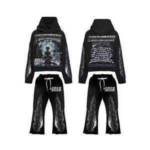 Ensemble de survêtement évasé personnalisé pour homme, style streetwear, avec impression 3D en relief, comprenant un sweat à capuche et un pantalon de jogging, à ourlet brut, motif graphique, décontracté - Product Image 4