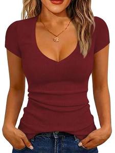 Red <b>Viscose</b>/Cotton Breathable Short Sleeve Spring/Summer Daily Wear Women's Sporty Slim Fit Solid V-neck Knit <b>Tops</b> - Product Image 1