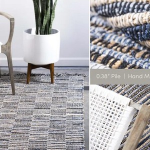 Alfombra Artesanal de Patchwork Rectangular Azul Beige, Estilo Bohemio Ecológico, Tejido Plano, Material Reciclado, Base de Yute, para Sala de Estar - Product Image 5