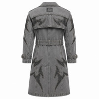 Veste longue coupe utilitaire en jean gris argenté délavé pour femme, à double boutonnage, ornée de strass, manches longues, ceinturée, coupe-vent, collection automne