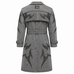 Abrigo Largo de Invierno para Mujer, Color Gris Plateado, Estilo Denim, Doble Botonadura, Adornado con Tachuelas y Pedrería, Manga Larga, Premium, con Cinturón, Resistente al Viento - Product Image 3
