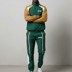 Conjunto Deportivo de Dos Piezas para Hombre, Color Verde Mostaza, con Bloques de Color, Cierre Completo, Estilo Deportivo, Secado Rápido, Poliéster, con Logotipo Estampado, Precio Económico - Product Image 1
